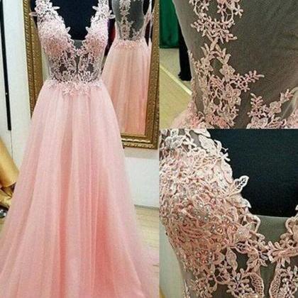 Pink Tulle V-neck Lace Applique Long A-line Prom..