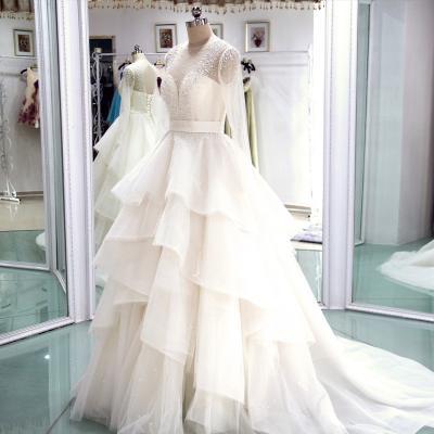 Long Sleeves A-line Wedding Gown with Tiered Ruffles, Pearls and Beaded Embellishment