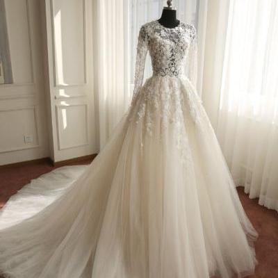 Real Samples Long Sleeves Muslim Wedding Dress,Lace Applique Flowers Wedding Dress ,Wedding Gown,A-line Crystal Wedding Dress,Bride Dresses 