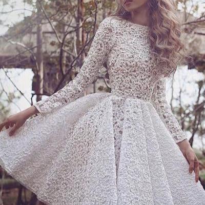 Unique Long Sleeves Full Lace Evening Gowns Short Homecoming Dress