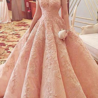 Ball Gown Prom Dress,Lace Appliques Prom Gowns,Pink Prom Dress,Formal Prom Gown,Lace Party Dress