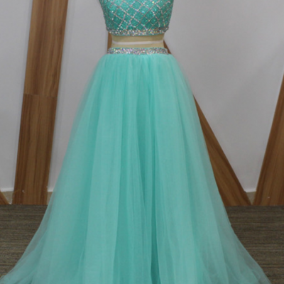 Light Blue Luxury Beaded 2 Piece Prom Dresses A Line See Though Back Crop Top Long Prom Dress Sparkly Arabic Party Gowns