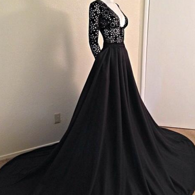 Charming Black Lace Prom Dress,Sexy Deep V-Neck Evening Dress,SexyLong Sleeves Prom Dresses