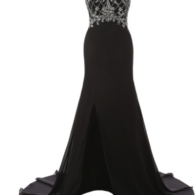 Elegant O- Neck Slit Mermaid Sleeveless Long Evening Dresses Black Chiffon Beading Floor Length vestido de noiva