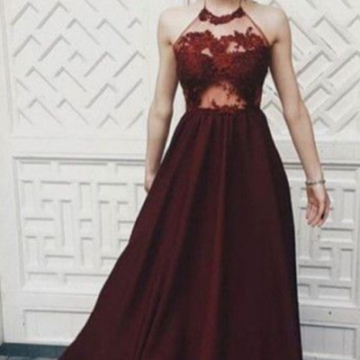 Opening Back Sexy Prom Dresses Dark Red Illusion Bodice Halter Long Evening Prom Dress Custom Made