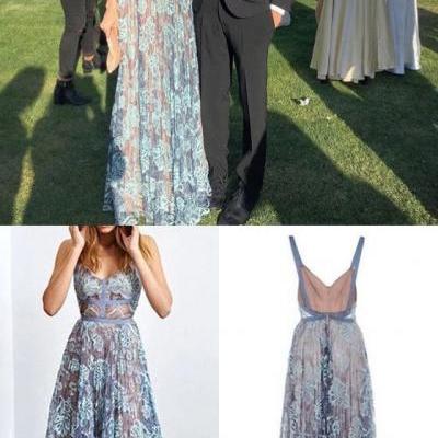 A-line Spaghetti Straps Sleeveless Floor Length Blue Backless Lace Prom Dress