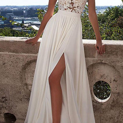 Long White Lace A-Line Prom Dress With Appliques,Sexy Wedding Dress
