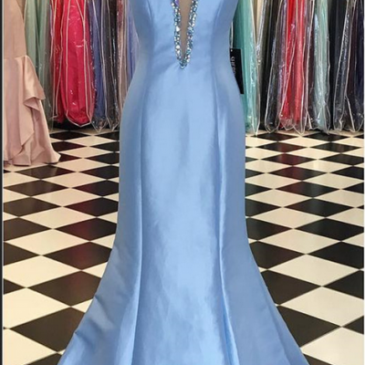 Light Blue Plunging V-Neckline Satin Mermaid Evening Dress with Crystal Embellishments