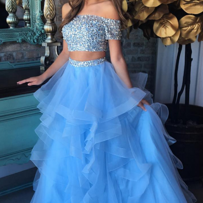 Ice Organza Ruffled and Beaded Two Pieces Prom Dresses,Blue Prom Dresses Long,Chic Corset Prom Dresses Two Piece