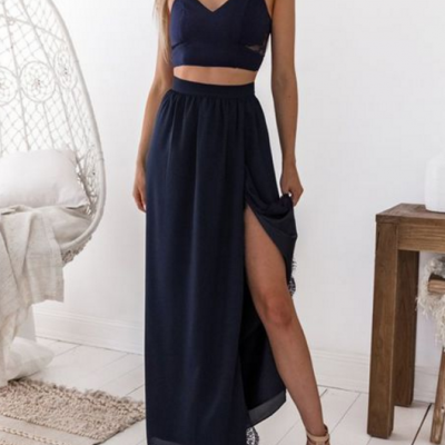 Two Piece Spaghetti Straps Floor-Length Navy Blue Prom Dress with Lace Split