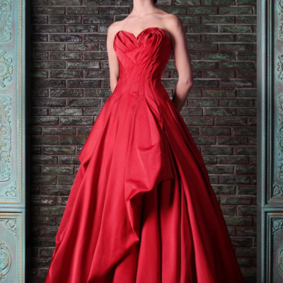 Rami Kadi Red Dresses Evening Wear Pleated A Line Strapless Neck Draped Evening Gowns Floor Length Satin Formal Dress 