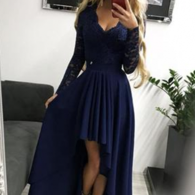 High Low Long Sleeves V Neck Prom Dress, Dark Blue A Line Graduation Dress with Lace