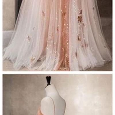 Unique champagne tulle long prom dress, tulle evening dress