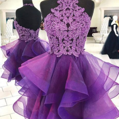  Cute purple tulle lace short prom dress, purple homecoming dress
