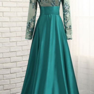Green Muslim Evening Dresses A-line Long Sleeves Satin Sequins Elegant Long Saudi Arabic Evening Gown Prom Dresses ,Custom Made,Party Gown,