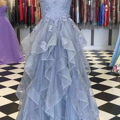 Blue Gray Tulle Ruffles Long Spaghetti Straps Evening Dress, Prom Dress