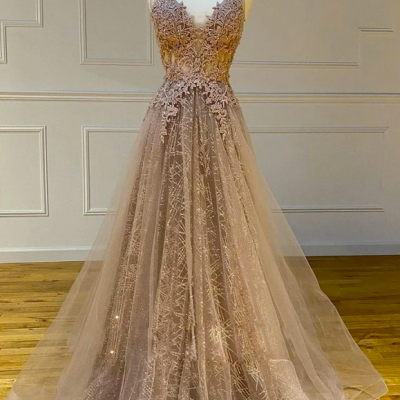 Champagne Tulle Long Dress V Neck A Line Customize Lace Prom Dress
