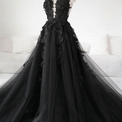  Black tulle applique long prom dress, fabulous custom made black evening dress