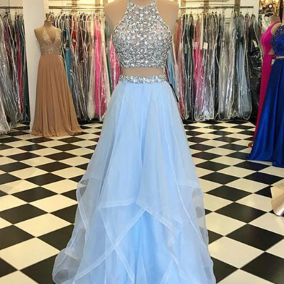 Light Blue Prom Dresses with Pearls Beaded Rhinestones Tulle Ruffles Two Piece Prom Dress