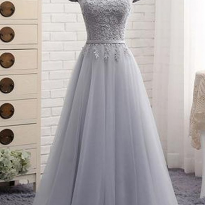 A-Line Gray Off the Shoulder Tulle Lace-up Sweetheart Prom Dress 