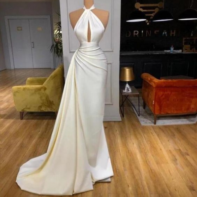 Charming Sleeveless White Long Prom Dress, Mermaid Evening Dress