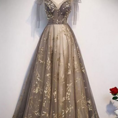Elegant v neck gray gold tulle lace long prom dress tulle formal dress