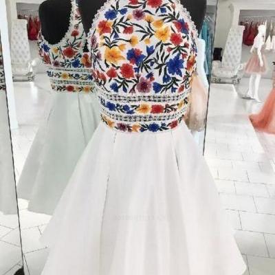 Beautiful Custom Made A-Line Luxury Embroidery White Homecoming Dress,Halter Graduation Dress