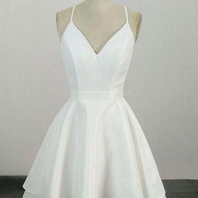 Cute Spaghetti Straps White V Neck Knee Length Short Prom Dress Homecoming Dress