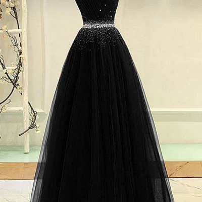 Black Tulle A-Line Long Party Dress, Black Prom Dress