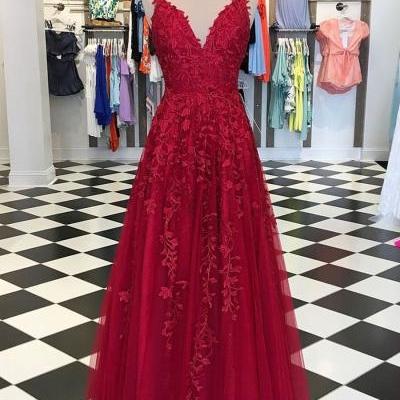 Burgundy Lace Prom Dress Long, Formal Dress, Evening Dress, Pageant Dance Dresses, School Party Gown