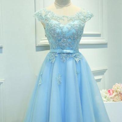 Blue round neck lace short prom dress, bridesmaid dress