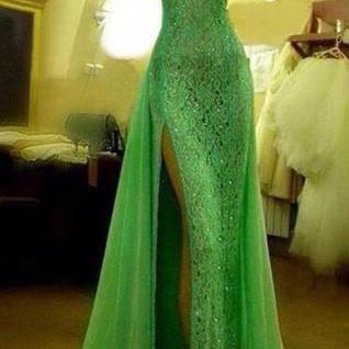 Custom Made Crystal Evening dresses Green High Neck Lace Prom Dresses With Slit Sexy Mermaid Crystal Beaded Prom Dresses