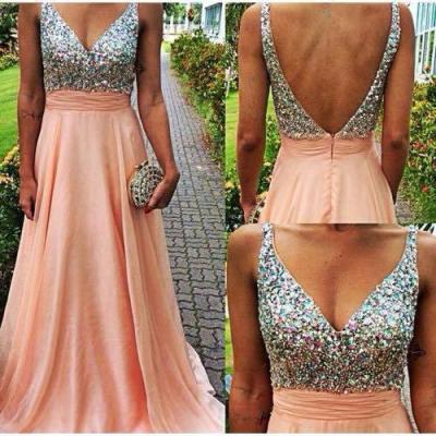 Lovely Light Pink V-Neckline Backless Floor Length Prom Dresses 2015 With Rhinstones Prom Dresses 2015 Prom Gown Evening Dresses