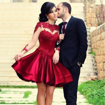 Red Lace Prom Dress Long Sleeve Prom Dress Short Prom Dress Prom Dress Handmade Dress Beautiful Prom Dress