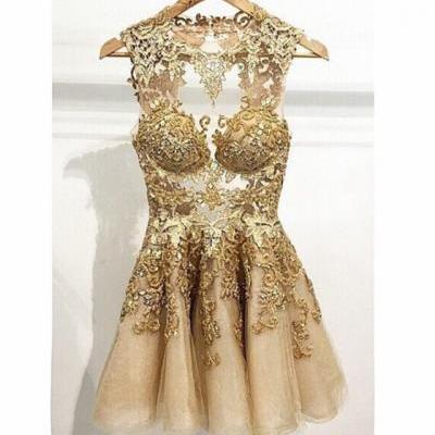 Unique Sexy Prom Dress, Champange Prom Dress, Tulle Short Prom Dress Backless Prom Dress Lace Prom Dresses 2015 Prom 2015 Homecoming Dress Handmade Partyt Dresses