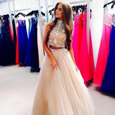 Custom Made Light Champagne 2 Pieces Long Prom Dress, Dresses For Prom Two Pieces Prom Dresses Formal Dresses Homecoming Dresses