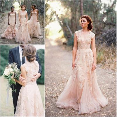 Custom Made V Neck Lace Wedding Dresses 2017 Puffy Bridal Gowns Vintage Country Garden Wedding Dress Champagne Wedding Gowns