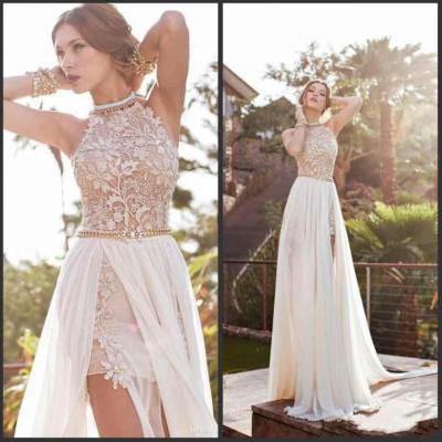 Vintage Beach Prom Dresses High Neck Beaded Crystals Lace Applique Floor Length Side Slit Evening Gowns