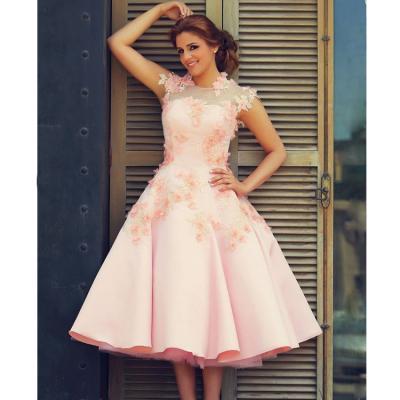 Said Mhamad Prom Dresses High Neck Evening Dresses Pink Special Occasion Dresses Satin Evening Gowns Hand Made Flowers Pageant Dress Tea Length Party Dresses