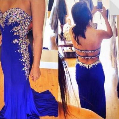 Royal Blue Prom Dresses With Sweetheart Sexy Backless Big Sparkling Crystals Mermaid Formal Evening Gowns Party Dress 