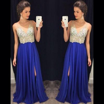 Side split Prom Dresses, blue chiffon beads Dresses for Prom 