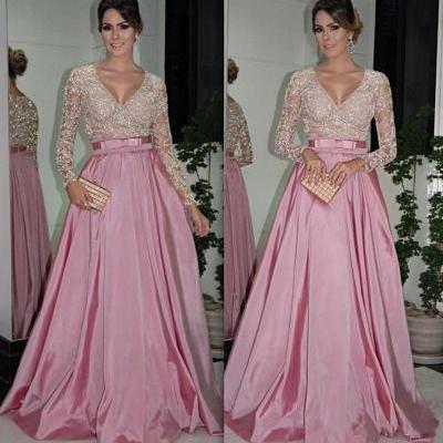 evening dresses Long Sleeves V Neck Beaded Bodice Ruffled Taffeta A-Line Ball Gowns Mother of the Bride Dresses Evening Gowns with Belt