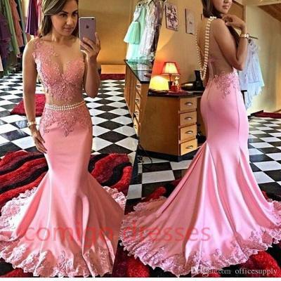 Pink Mermaid Long Prom Dresses 2016 Illusion Bodice Applique Pearls Sheer Formal African Satin Women Gown Vestidos