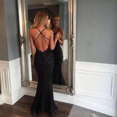 Black Prom Dresses,Mermaid Prom Dress,Lace Prom Dress,Backless Evening Gowns