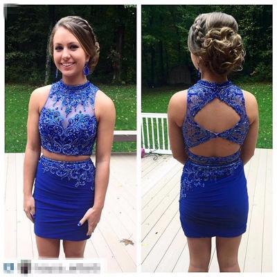  Royal Blue Homecoming Dress,2 Piece Homecoming Dresses,Beading Homecoming Gowns,Short Prom Gown,Sweet 16 Dress,Bling Homecoming Dress,2 pieces Cocktail Dress,Evening Gowns