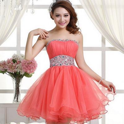 Coral Homecoming Dress,Sexy Homecoming Dresses,Tulle Homecoming Gown,Beading Party Dress,Short Prom Dress,Sweet 16 Dress,Homecoming Dresses,Glitter Evening Gown