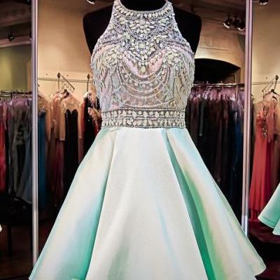  Mint Green Homecoming Dresses,Chiffon Homecoming Dress,Beaded Prom Dresses,Halter Cocktail Dresses,Sweet 16 Gowns,2015 Evening Gowns