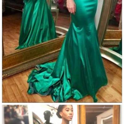 Green Halter Backless Satin Mermaid Prom Dress,Custom Made Prom Dress,Long Mermaid Style Evening Dress,Evening Gowns, Formal Gown Sweep Train