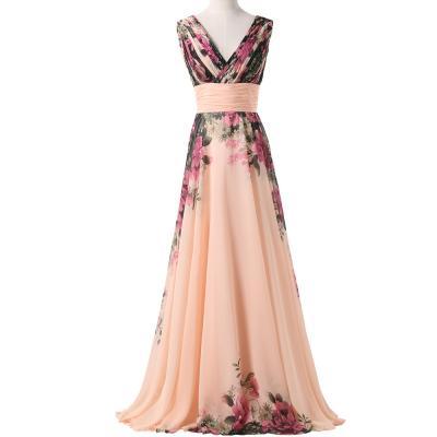 Elegant Chiffon Two Shoulder Pageant Gown Women Sleeveless Floral Print Long Evening Dress Formal dresses 