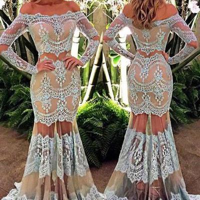 New Arrival Prom Dress,lace prom dresses,Elegant Off the Shoulder Long Sleeves Floor-Length Turquoise Lace Prom Dress